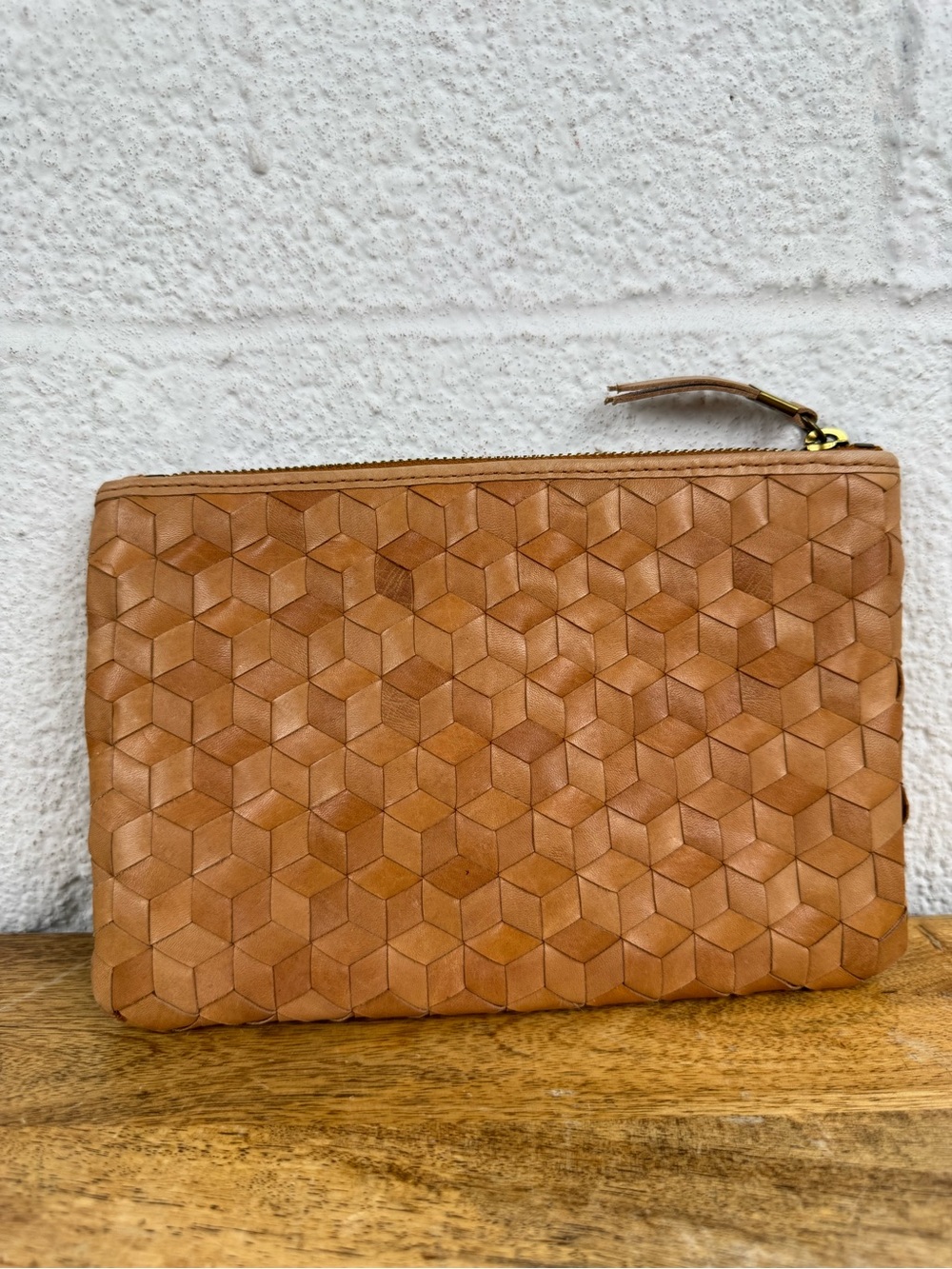 Madewell Woven Leather Zip Pouch Clutch Wallet Cognac Geometric Cube Pattern